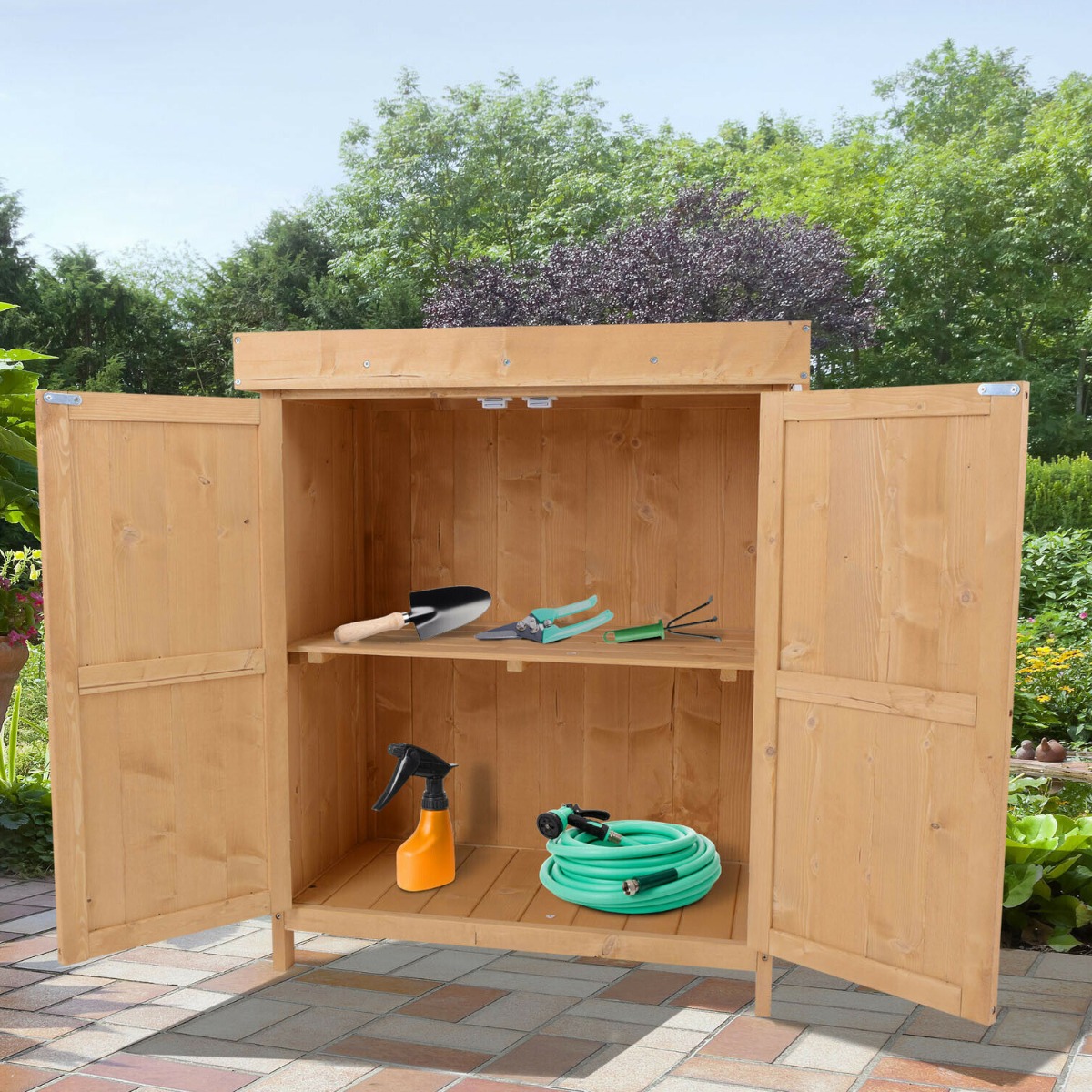 Wooden Garden Storage Shed 2 Doors with Hinged Roof and Shelf - Wood Colour - Aldo & Ehren