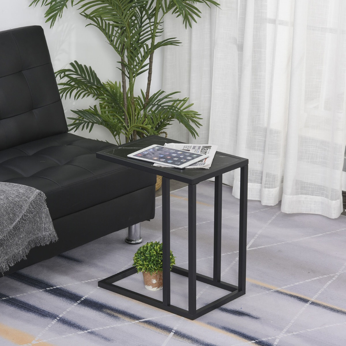 Stylish Metal Frame Marble Effect Top C Shape Side Table - Black - Aldo & Ehren
