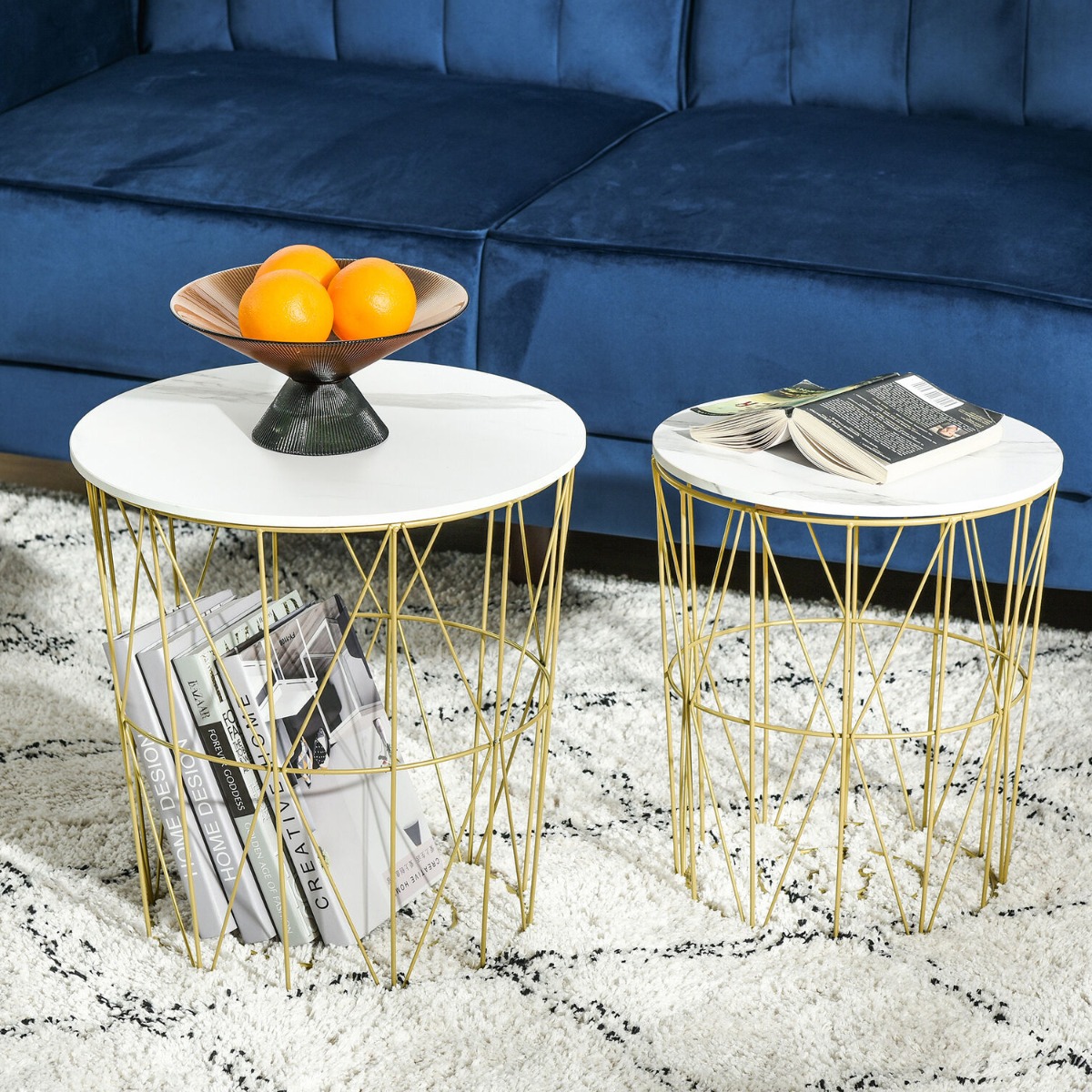 Gold Steel Frame Set of 2 Nesting Tables With Removable Top, White - Aldo & Ehren