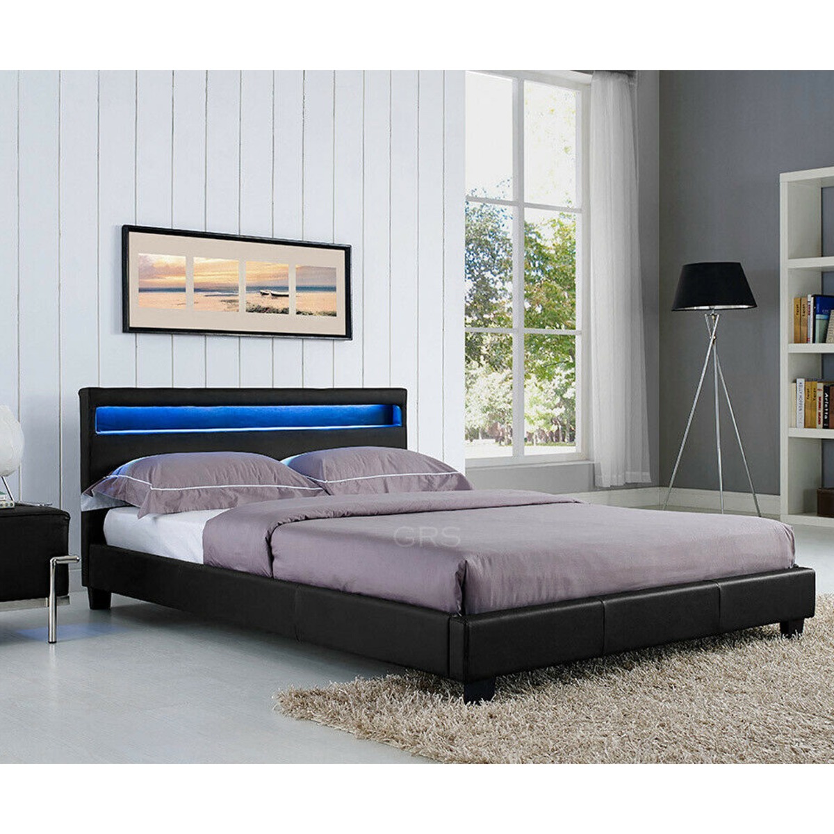 Stylish Black Design Bed Frame with LED Night Light - 4ft6 Double Size - Bedroom & More