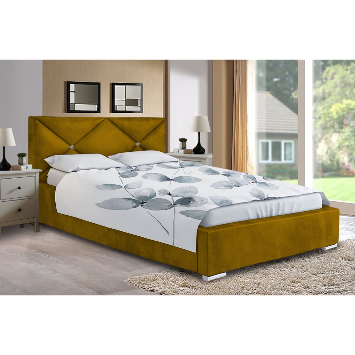 Mevena Plush Velvet Fabric Bed, Mustard Colour -Kingsize 5ft - Grandeur Shop