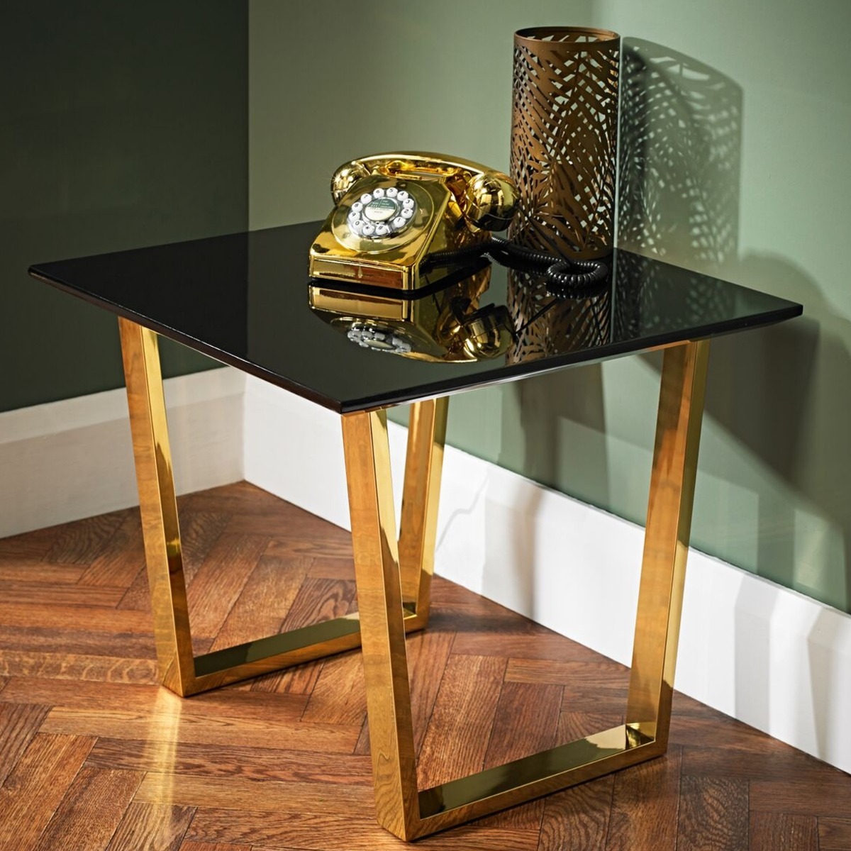 Antibes Gloss Lamp Table - Black/Gold - Leeds Plywood