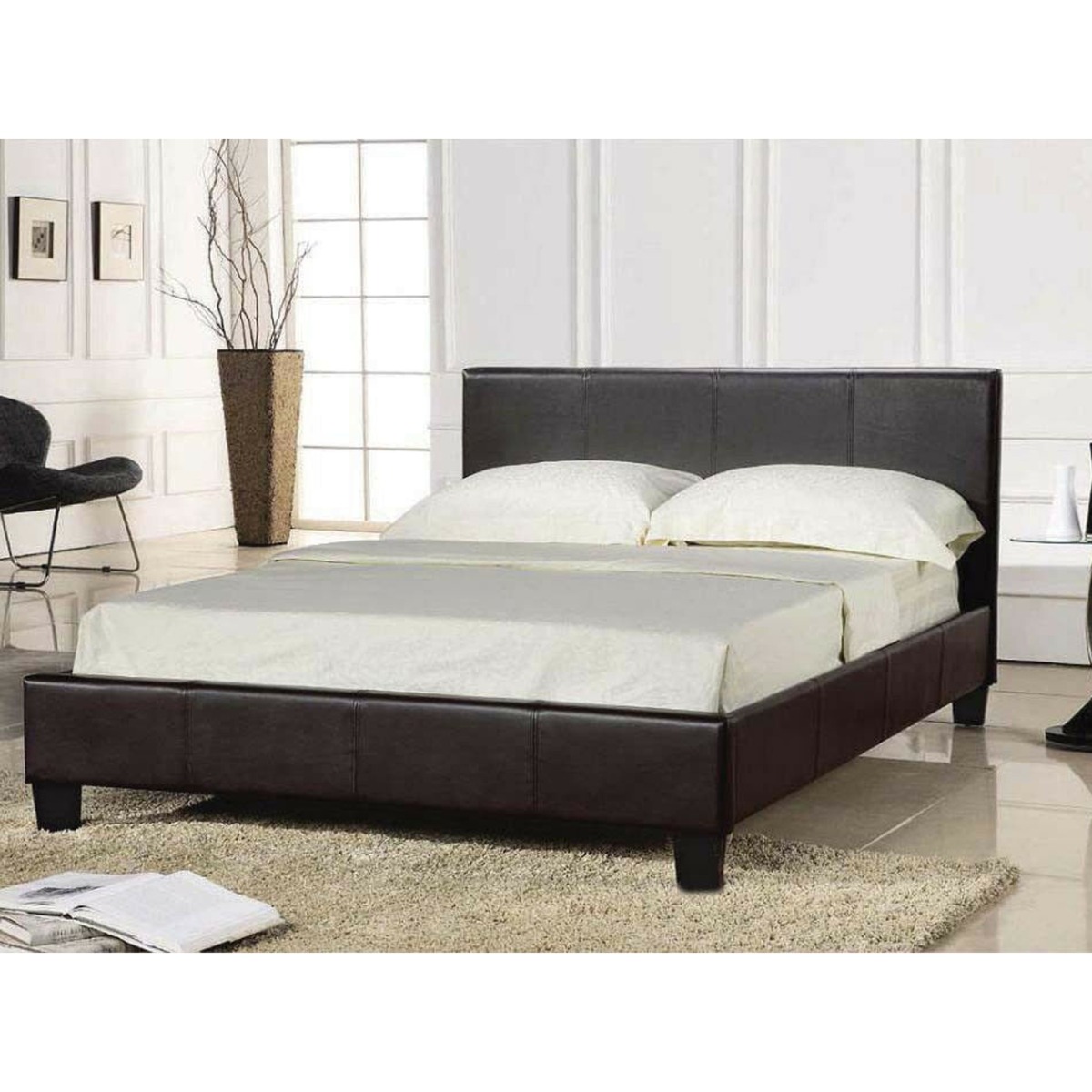 Faux Leather 5ft Kingsize Bed Frame With Mattress - Chocolate Brown - Bedroom & More