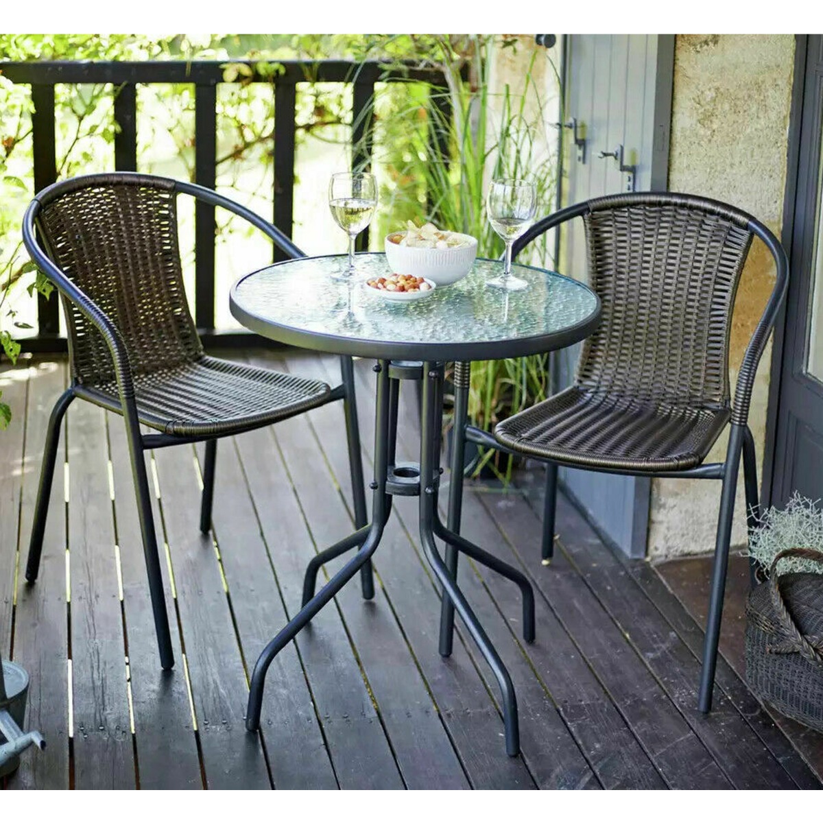 Rattan Effect Bistro Table with 2 Chairs Set - Brown - Bedroom & More