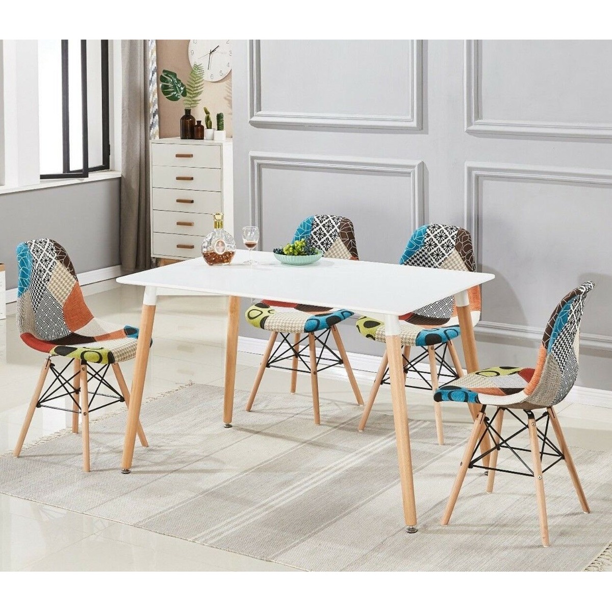 Modern Rectangular Table with 4 Fabric Eiffel Chairs Set - Bedroom & More