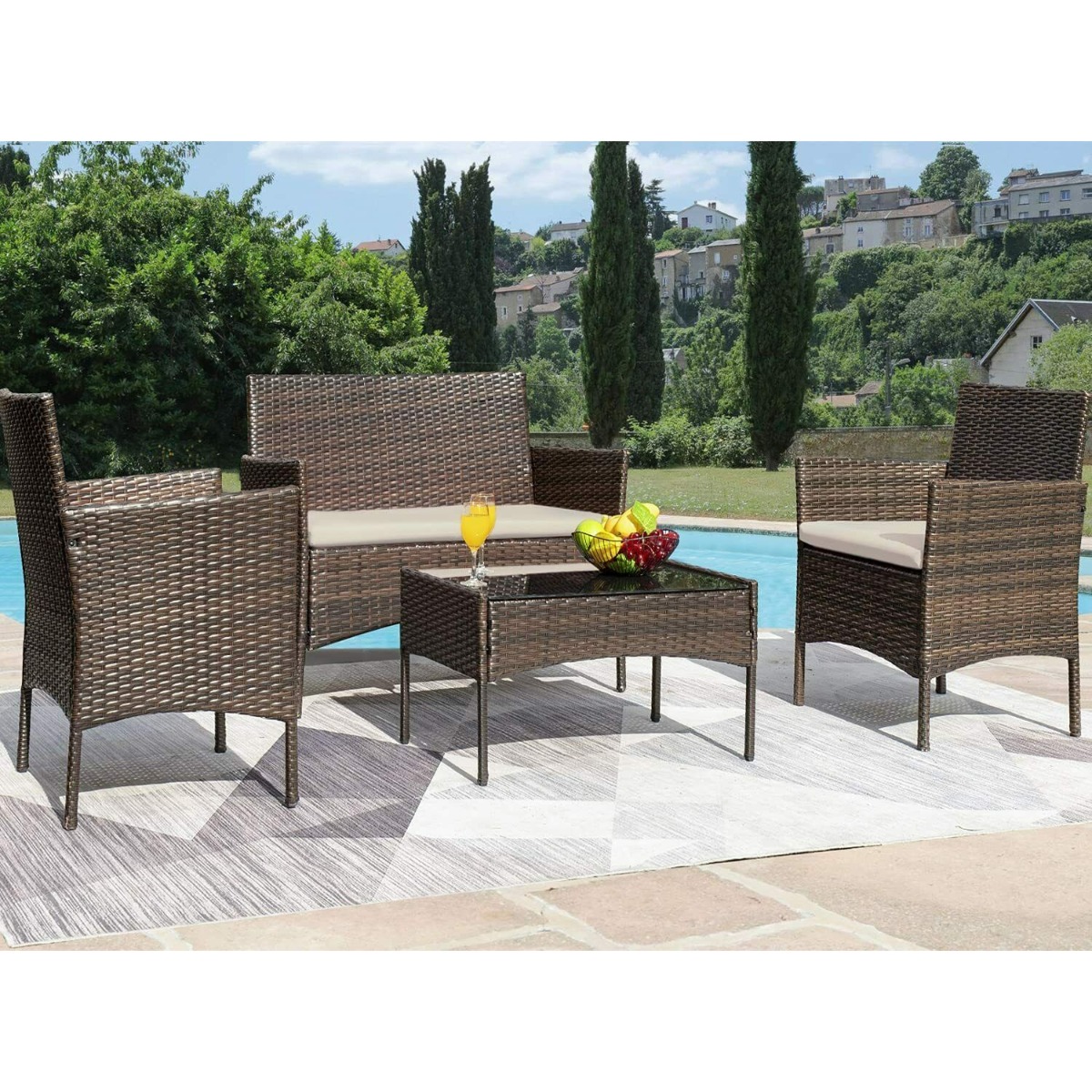 Outdoor Garden Rattan 4pcs Table and Chairs Set - Brown - Bedroom & More