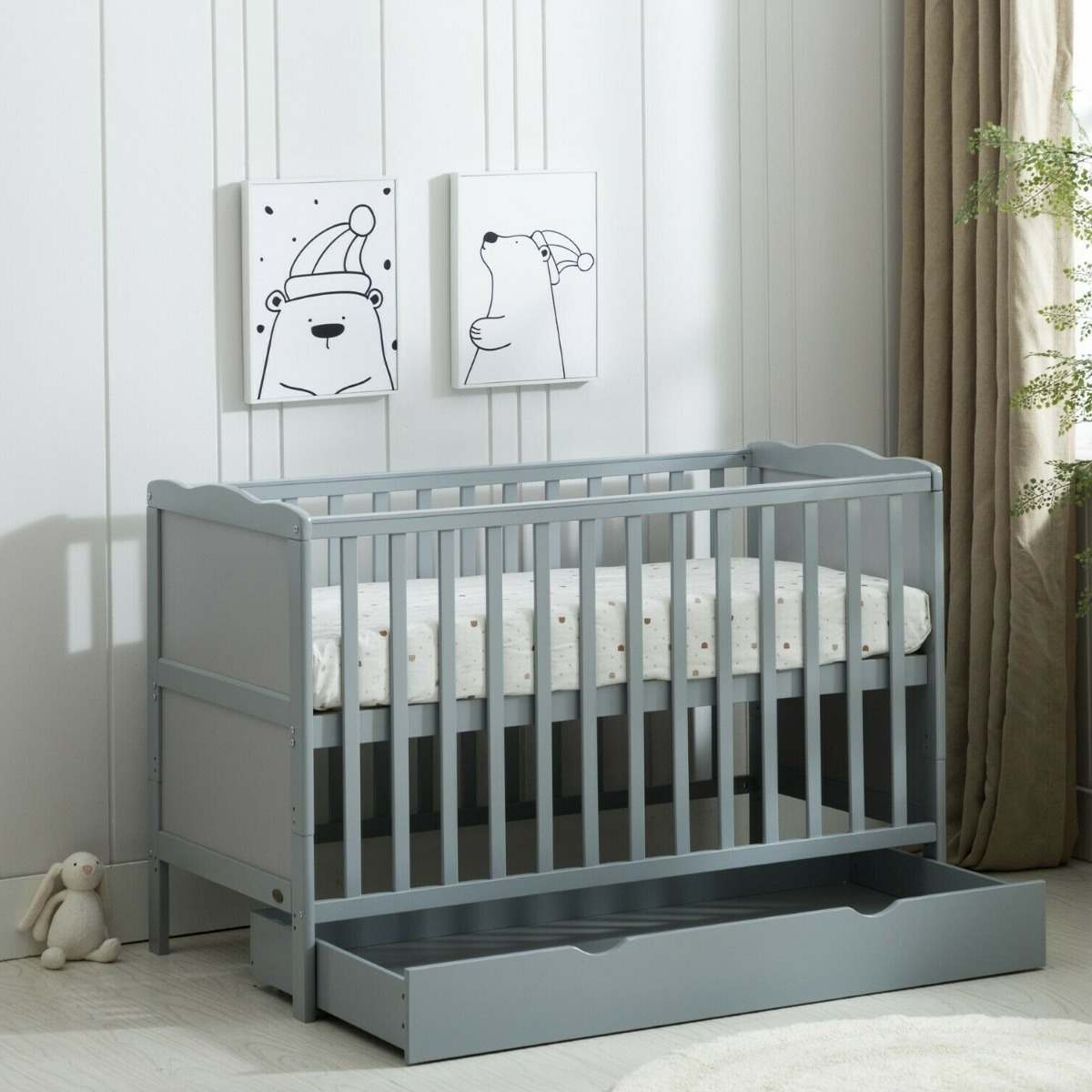 Solid Pine Wooden Baby Cot Bed With Drawer and Mattress - Grey - Bedroom & More