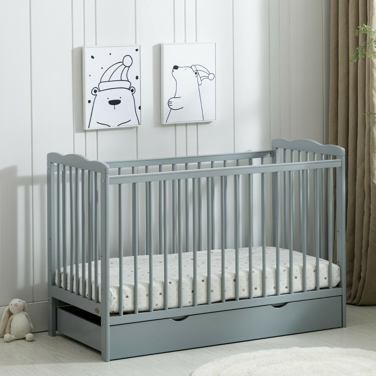 Solid Pine Baby Cot Bed With Rollaway Drawer and Water Repellent Mattress - Grey - Bedroom & More