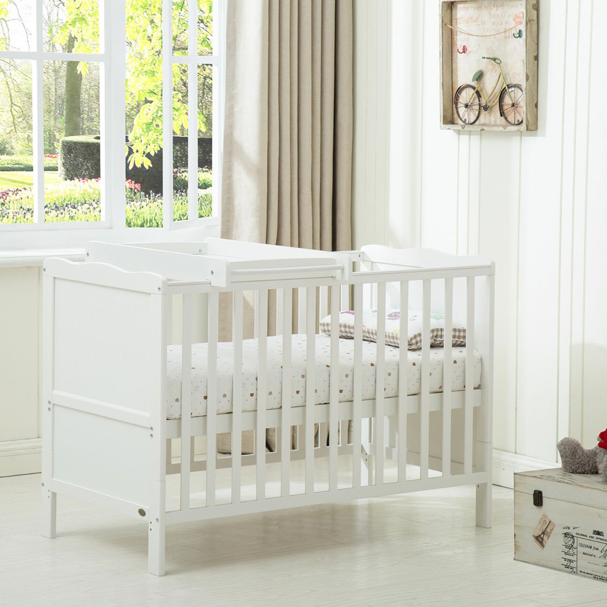Wooden Baby Cot Bed with Top Changer & Water repellent Mattress - White - Bedroom & More