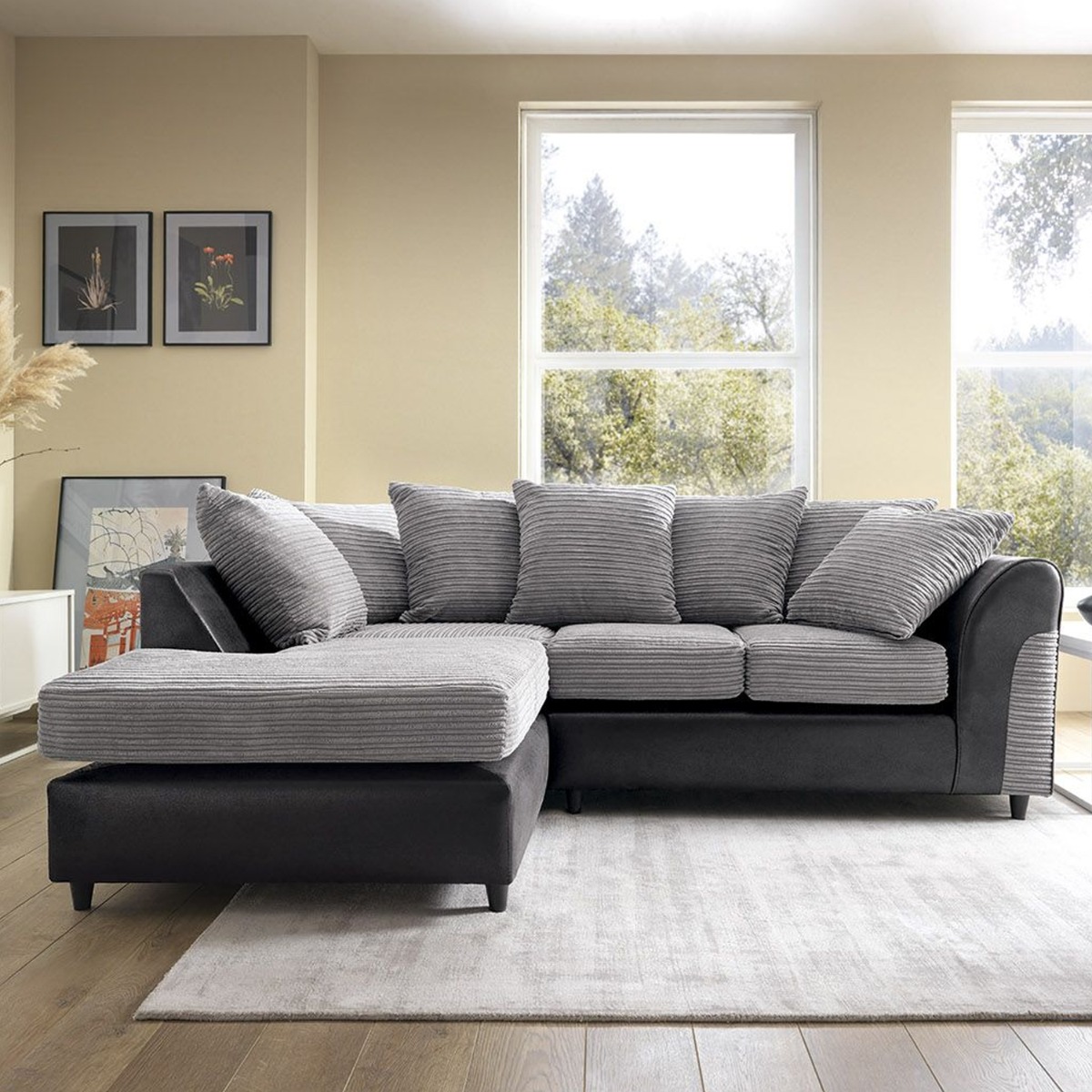 Harley Cord Fabric Corner Sofa - Black-Left Facing - Moonlight Interiors