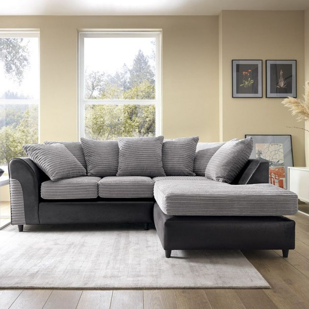 Harley Cord Fabric Corner Sofa - Black-Right Facing - Moonlight Interiors