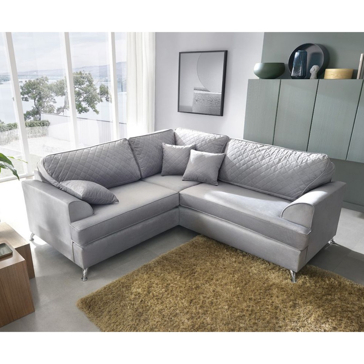 Fergasson Velvet Corner Sofa - Light Grey - Moonlight Interiors
