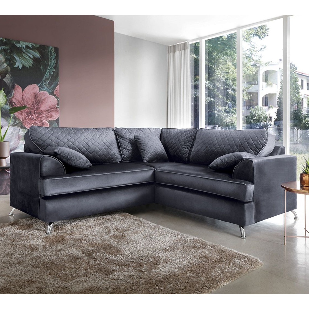 Fergasson Velvet Corner Sofa - Dark Grey - Moonlight Interiors