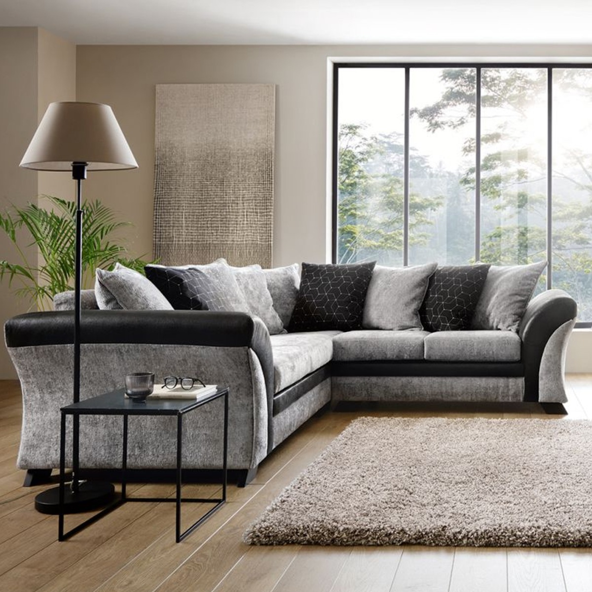 Faro Modern Style Crushed Chenille Fabric Corner Sofa - Black - Moonlight Interiors