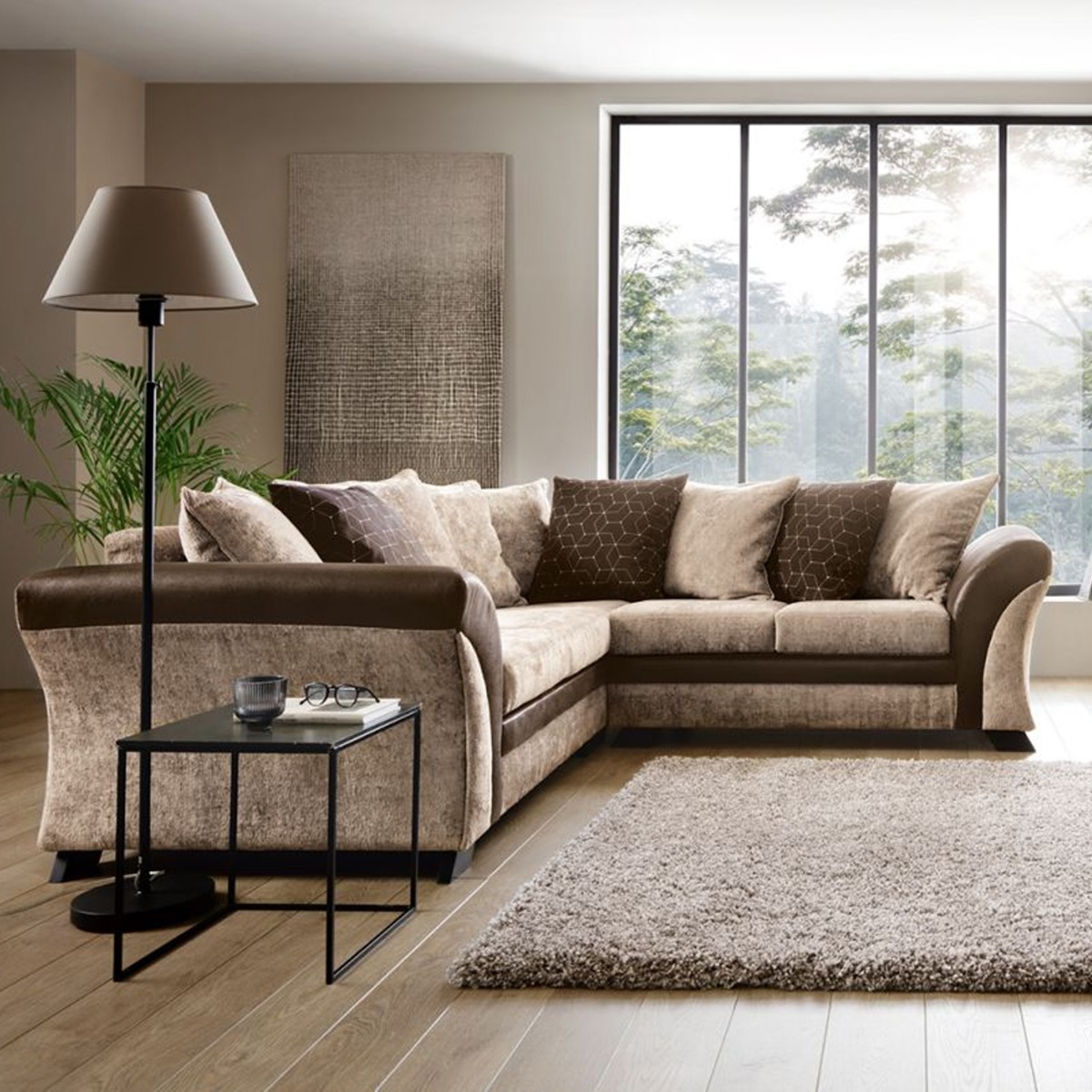 Faro Modern Style Crushed Chenille Fabric Corner Sofa - Brown - Moonlight Interiors
