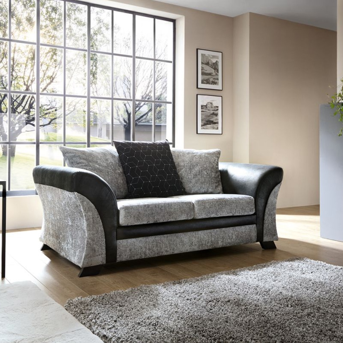 Faro Modern Style Crushed Chenille Fabric 2 Seater Sofa - Black - Moonlight Interiors