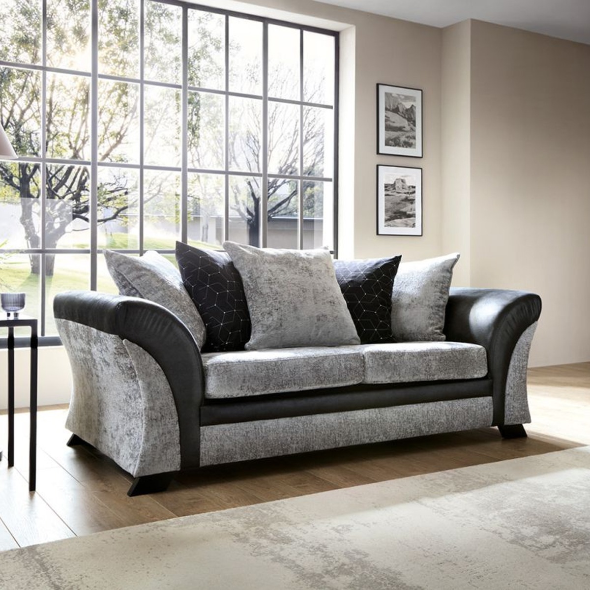 Faro Modern Style Crushed Chenille Fabric 3 Seater Sofa - Black - Moonlight Interiors