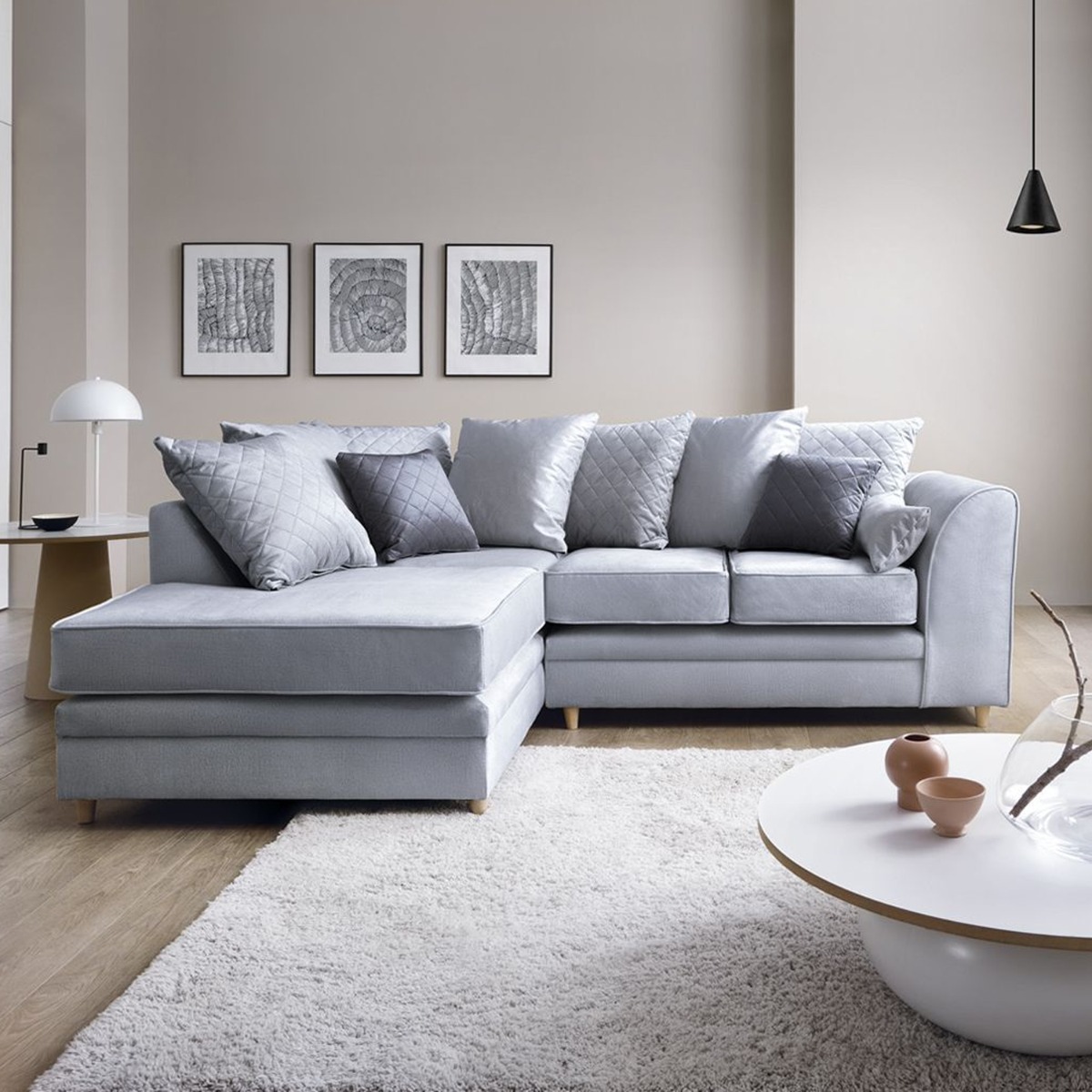 NIOMI Velvet 4 Seater L Shaped - Left Hand Facing Corner Sofa - Light Grey - Moonlight Interiors