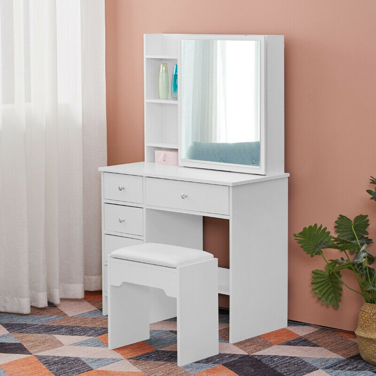 Modern 4 Drawers Dressing Table With Sliding Mirror And Stool Makeup Desk - White - Bedroom & More