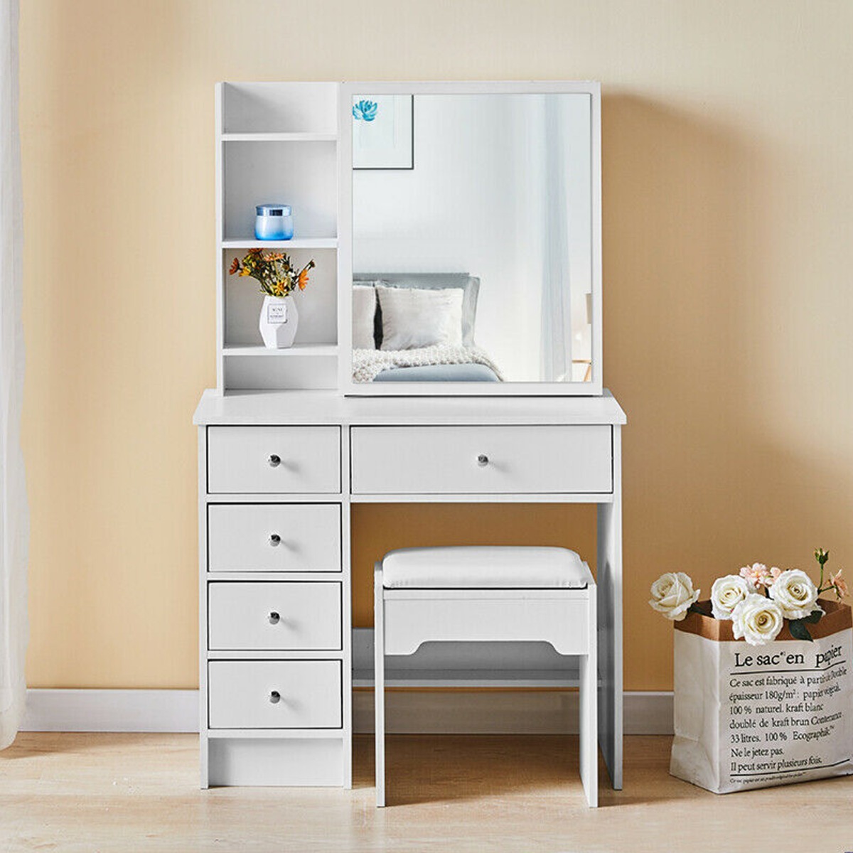 5 Drawers Makeup Desk Dressing Table with Mirror and Stool - White - Bedroom & More