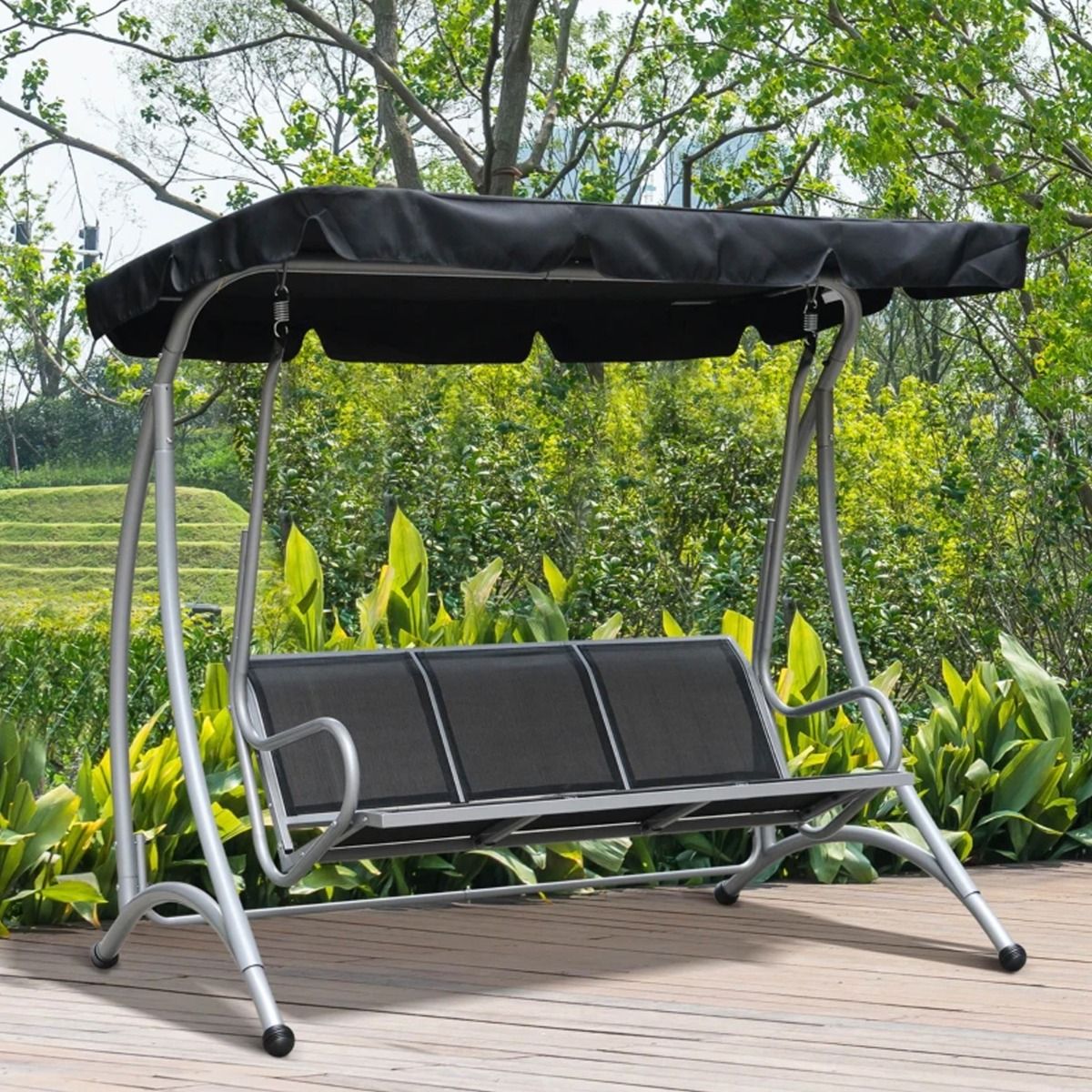 Metal Frame 3 Seater Swing Chair Bench - Black - The Garden Savant