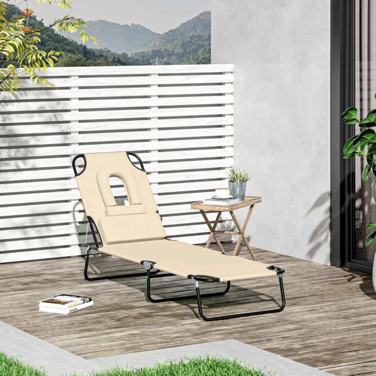 Foldable Reclining Adjustable Sun Lounger with Pillow and Reading Hole - Beige - The Garden Savant
