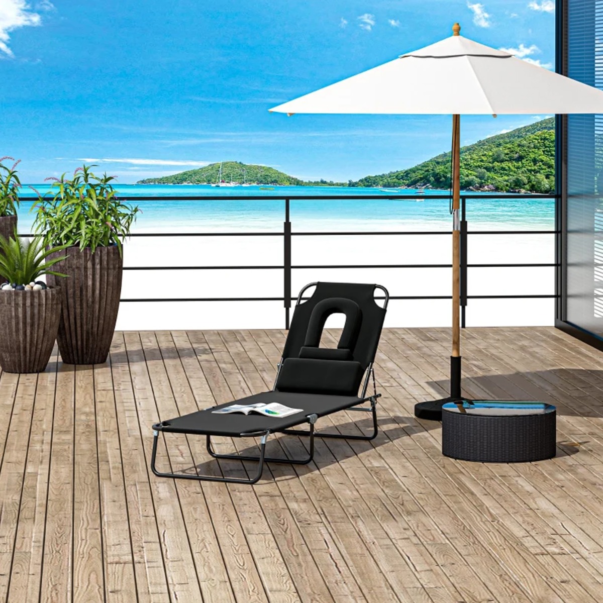 Foldable Reclining Adjustable Sun Lounger with Pillow and Reading Hole - Black - The Garden Savant