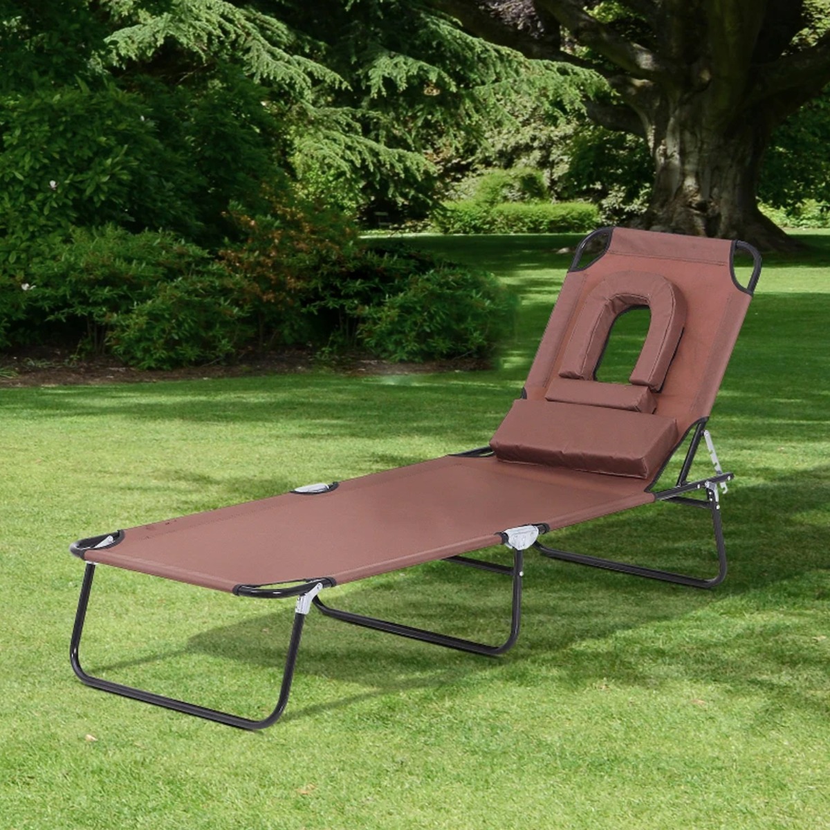 Foldable Reclining Adjustable Sun Lounger with Pillow and Reading Hole - Brown - The Garden Savant