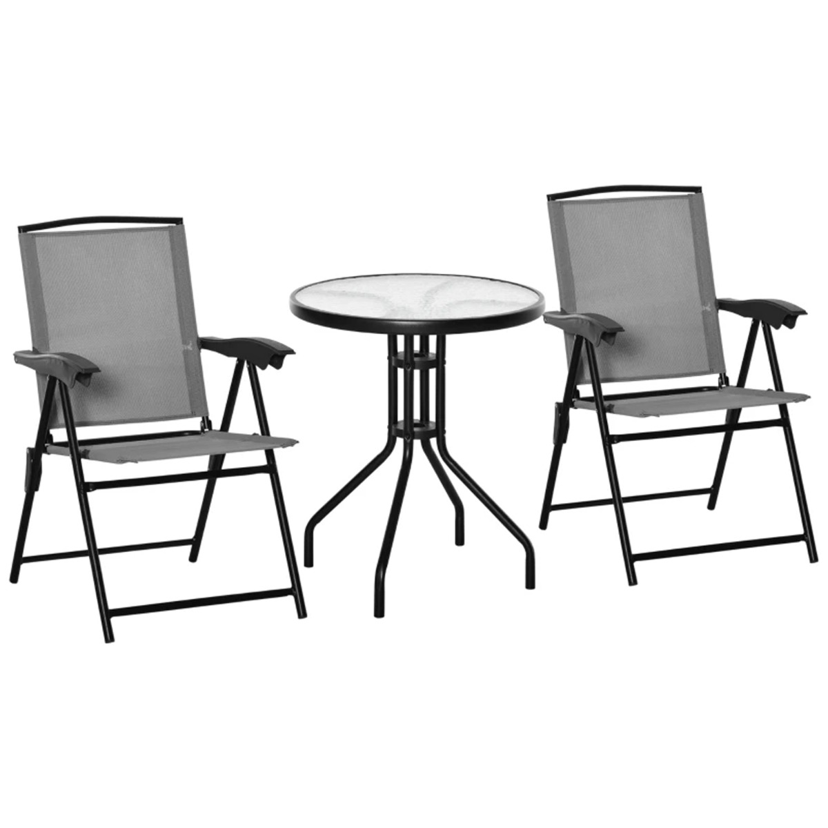 3 PCS Outdoor Furniture Bistro Set with Folding Chairs Tempered Glass Table - Grey - The Garden Savant