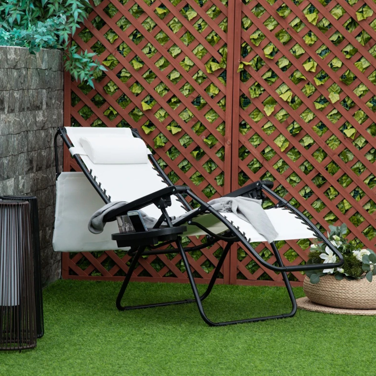 Foldable Zero Gravity Garden Sun Lounger with Cup Holder, Canopy Shade - White - The Garden Savant