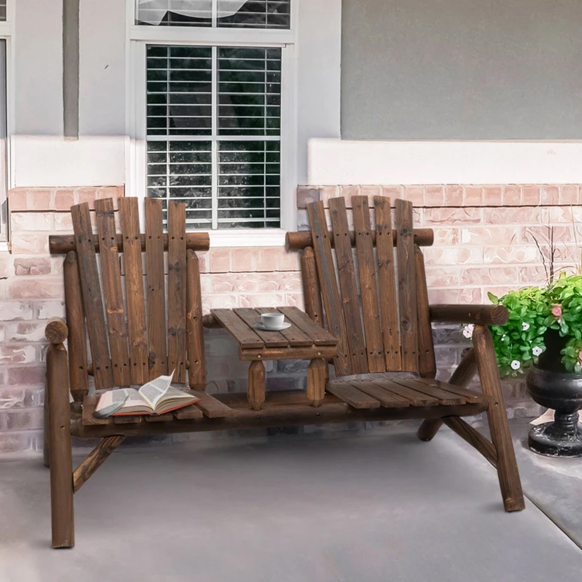 Wooden Outdoor 2 Seater Chair with Center Coffee Table - Carbonized - The Garden Savant