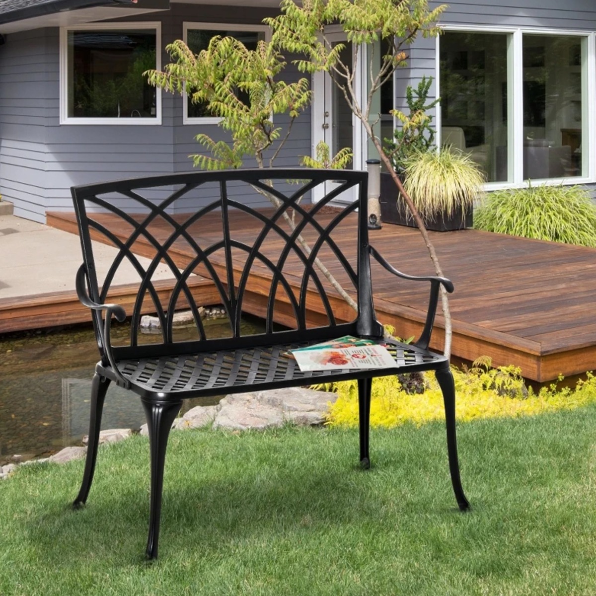 Aluminium Ergonomic Armrest 2 Seater Garden Bench - Black - The Garden Savant