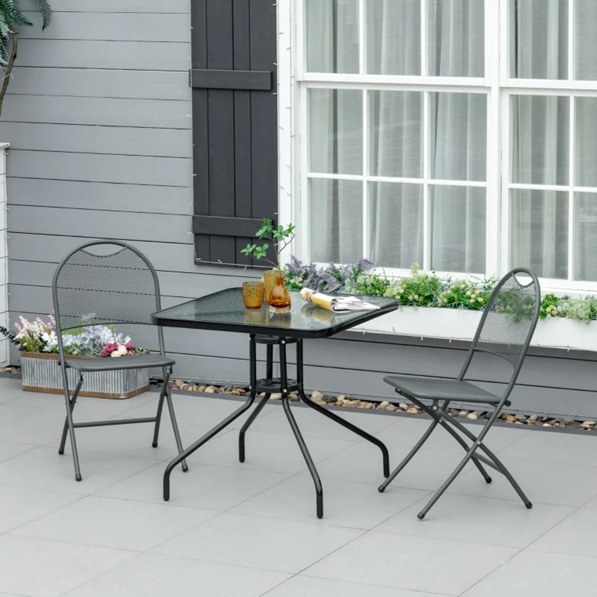 Steel Frame Square Patio Accent Tempered Glass Table with Umbrella Hole - Black - The Garden Savant