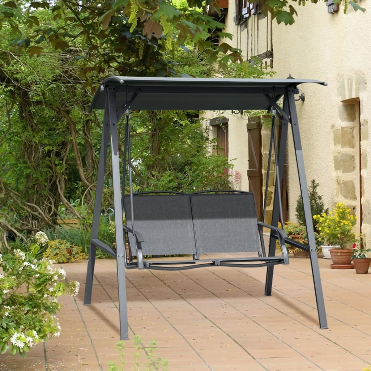 Metal Frame 2 Seater Garden Swing Chair with Adjustable Shade - Dark Grey - The Garden Savant