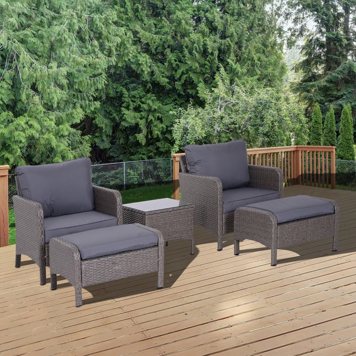 5PC Garden Rattan Chair & Stool Set - Grey - The Garden Savant