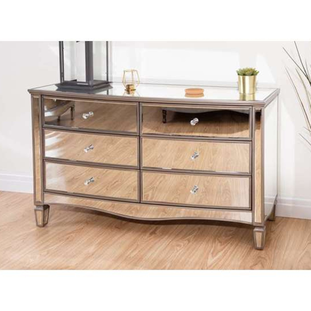 EVELYN Silver Chest of Drawers - Large-sized, 6 Drawers, Double, Mirrored, Ready Assembled - Birlea Essentials