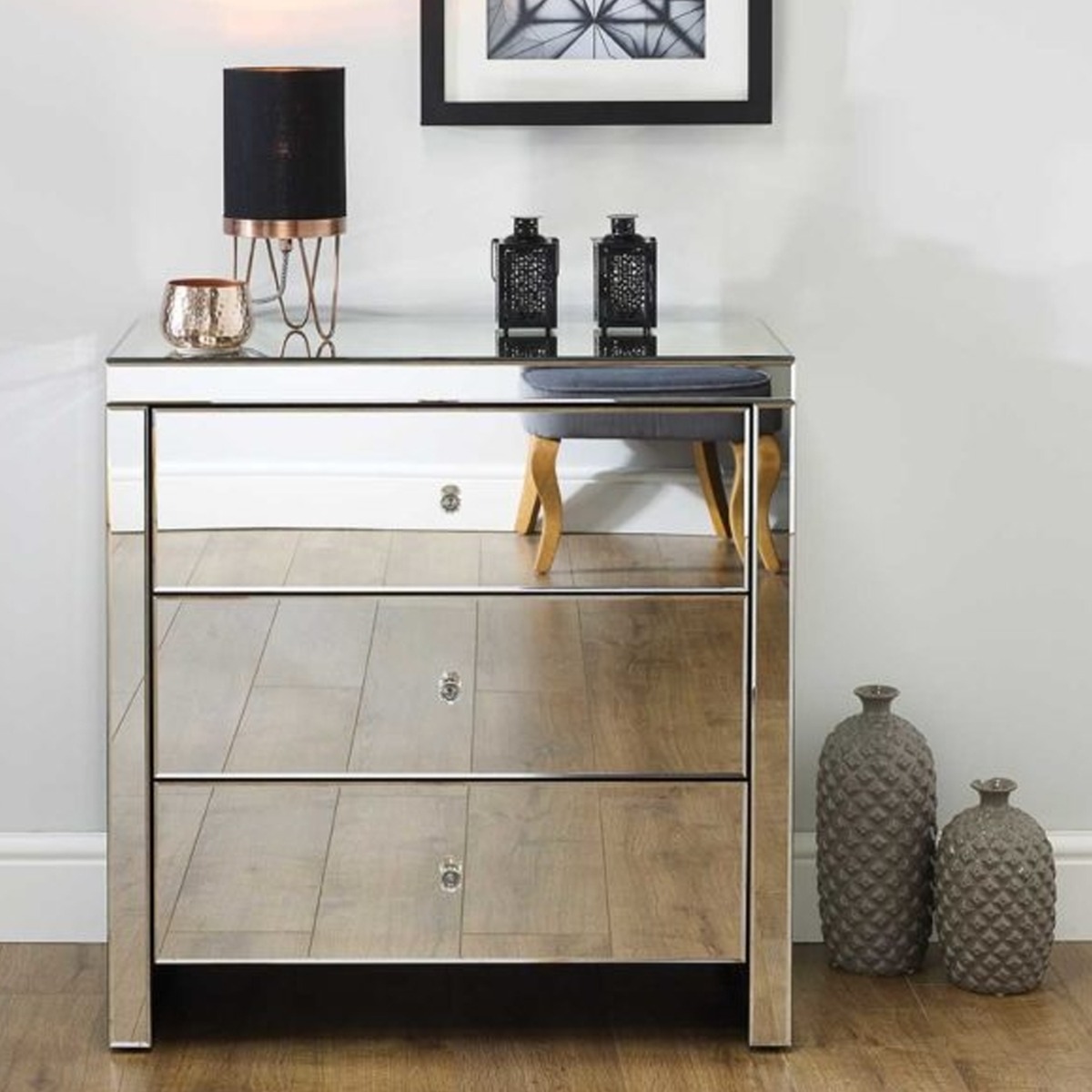 SUTTON Silver Chest of Drawers - Medium-sized, 3 Drawers, Mirrored, Ready Assembled - Birlea Essentials