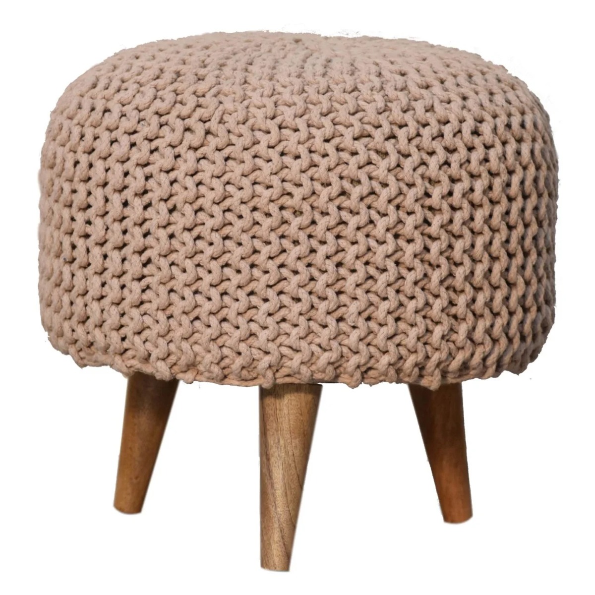 Solid Oak Legs Beige Round Woven Top Footstool - Beasley & Sons