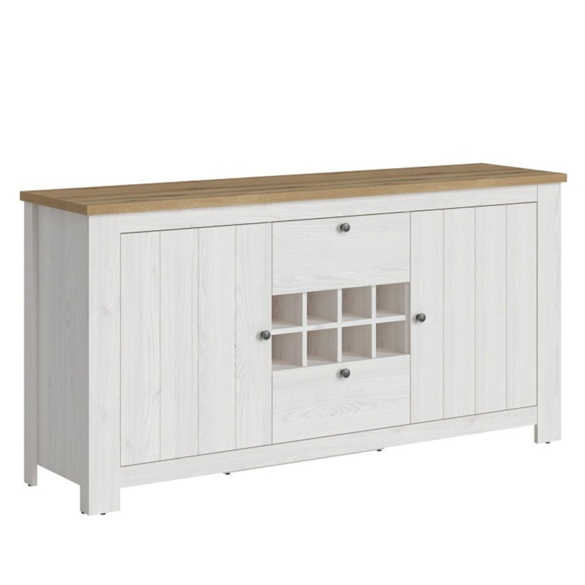 Modern Design 2 Door Sideboard with Wine Rack, 2 Drawer - White and Oak - Rosalind Collection
