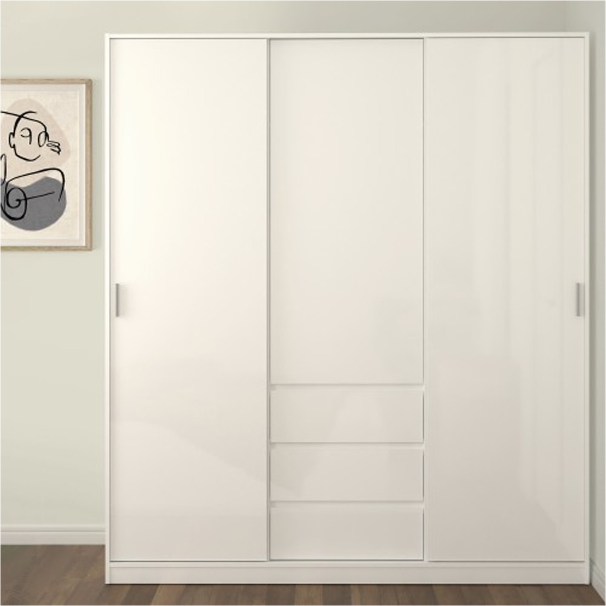 Sliding Wardrobe - NANAIMO 3 Door Wardrobe White High Gloss 177cm - Rosalind Collection