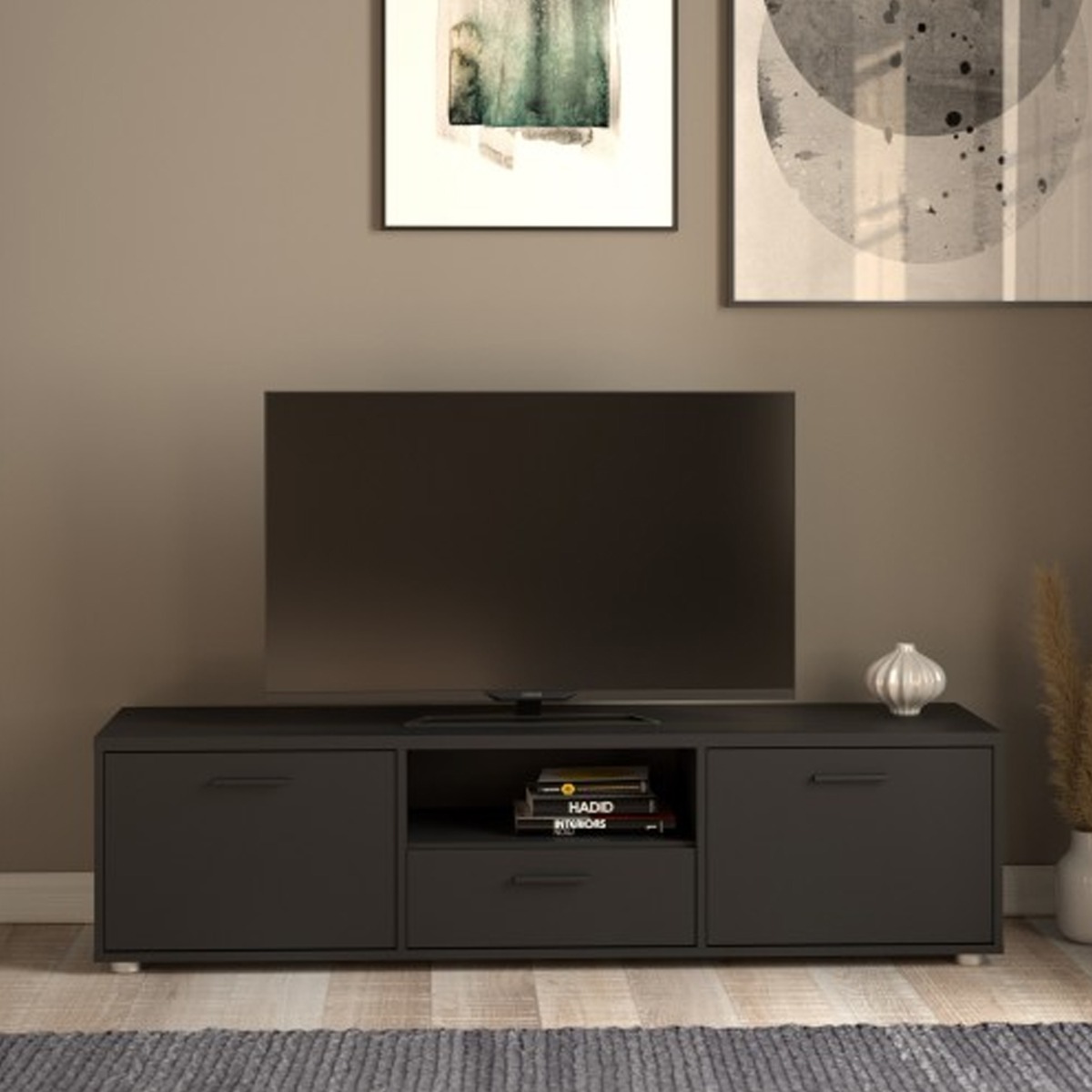 Belfast TV Unit Stand with 2 Door and Drawer - Black - Rosalind Collection