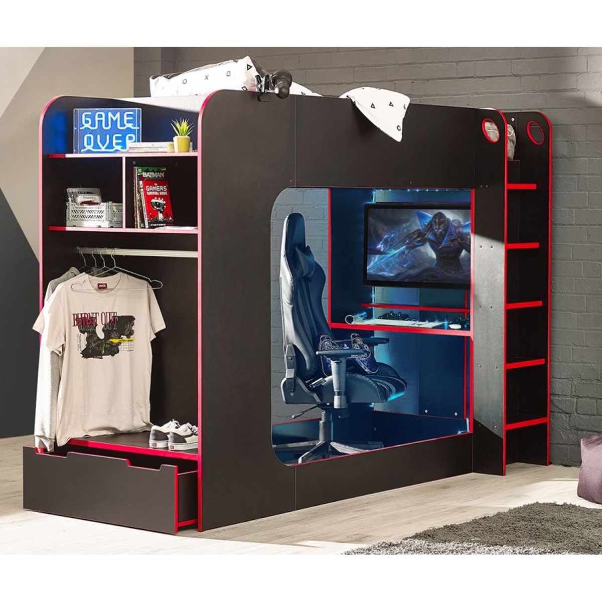 Modern Design Impact Kids Gaming Bunk Bed - Black with Red - JB Collections