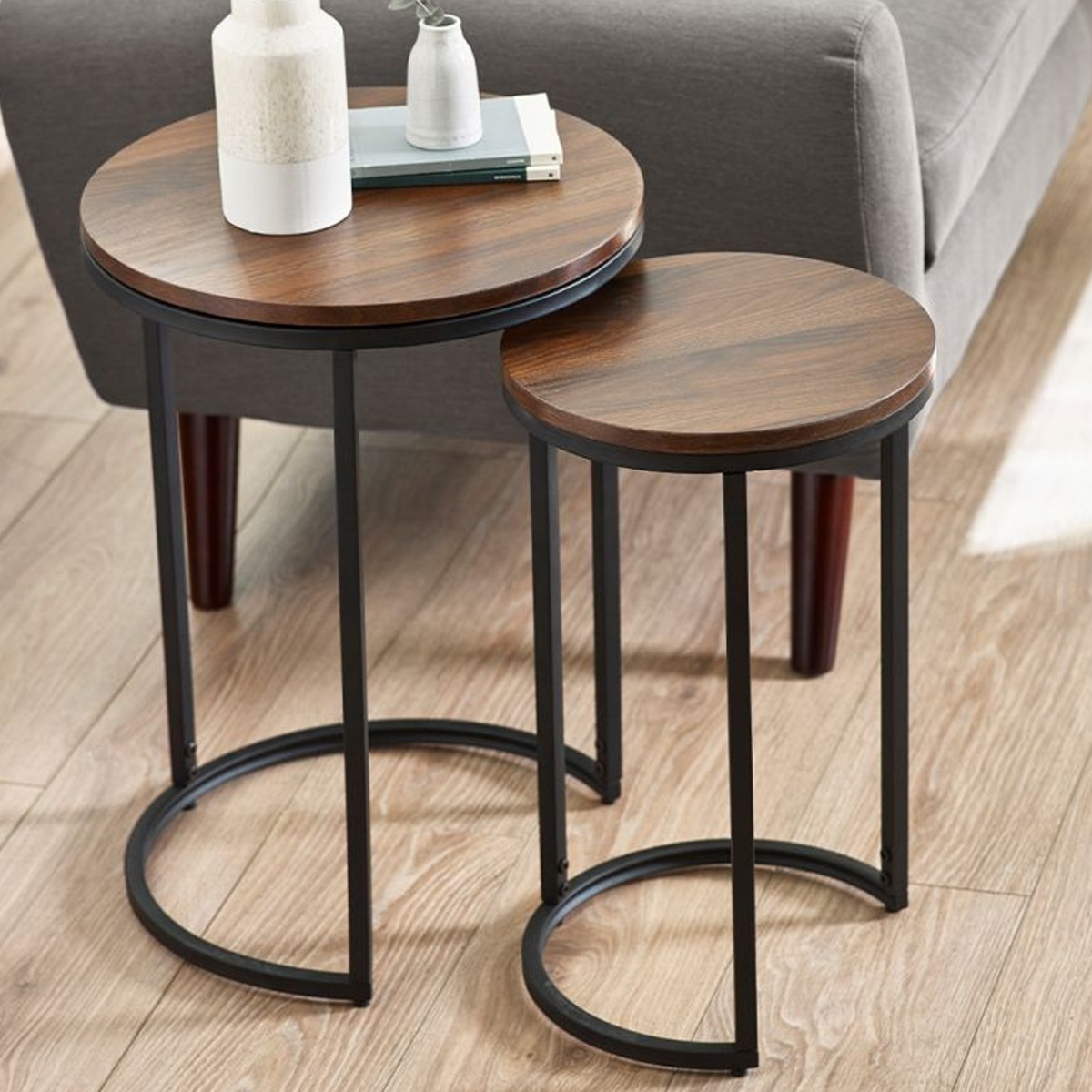 Tribeca Black Metal Frame Round Nesting Side Tables - Walnut - JB Collections
