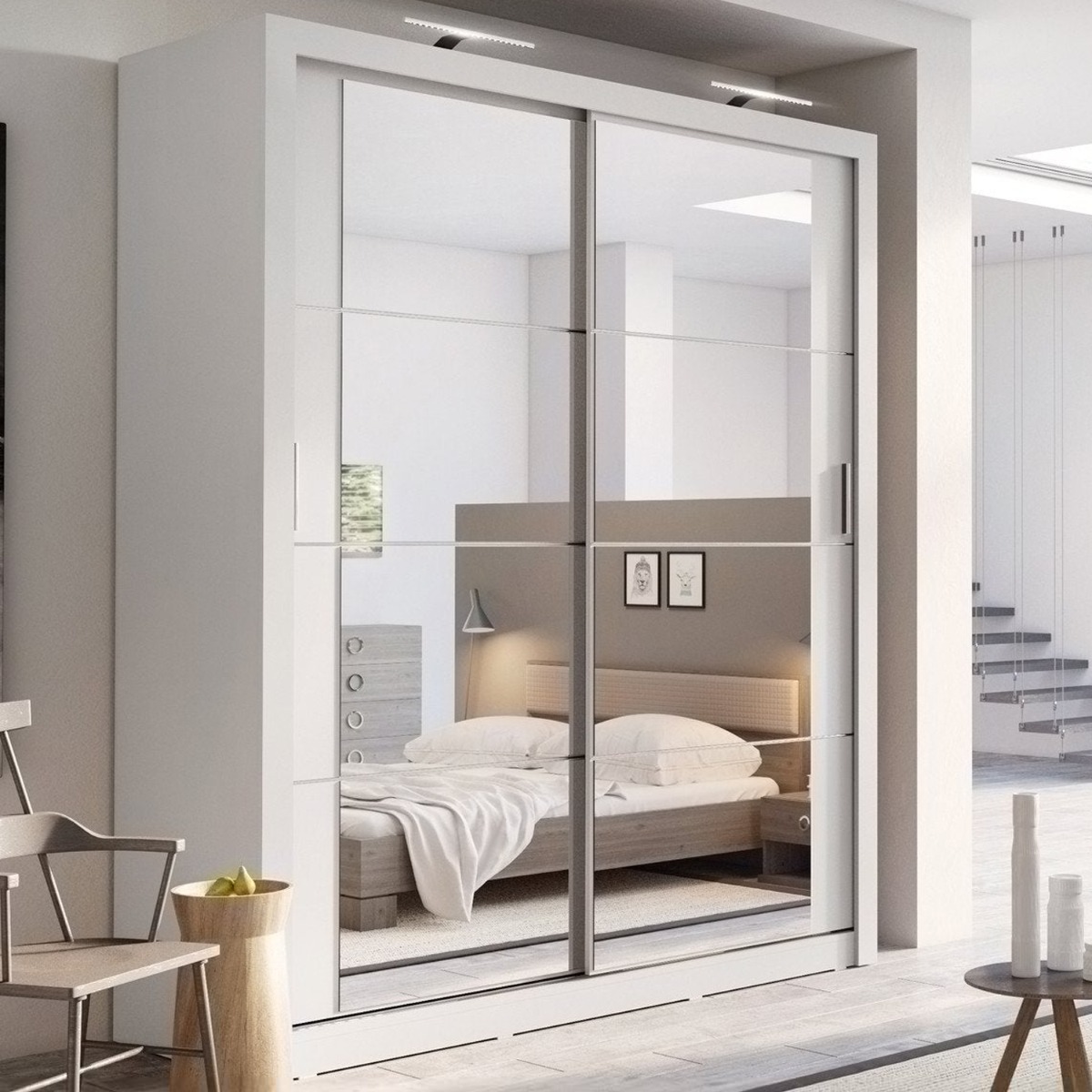 Sliding Wardrobe - IRVINE 2 Door Mirrored Wardrobe White Matt 181cm - Art Nest