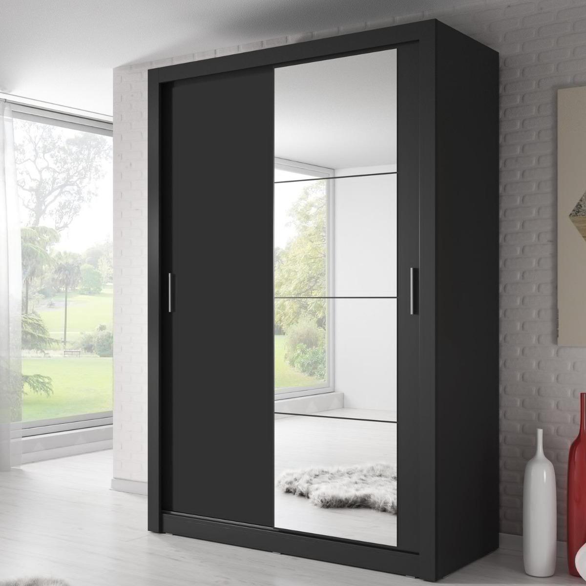 Sliding Wardrobe - IRVINE 2 Door Mirrored Wardrobe Black Matt 150cm - Art Nest