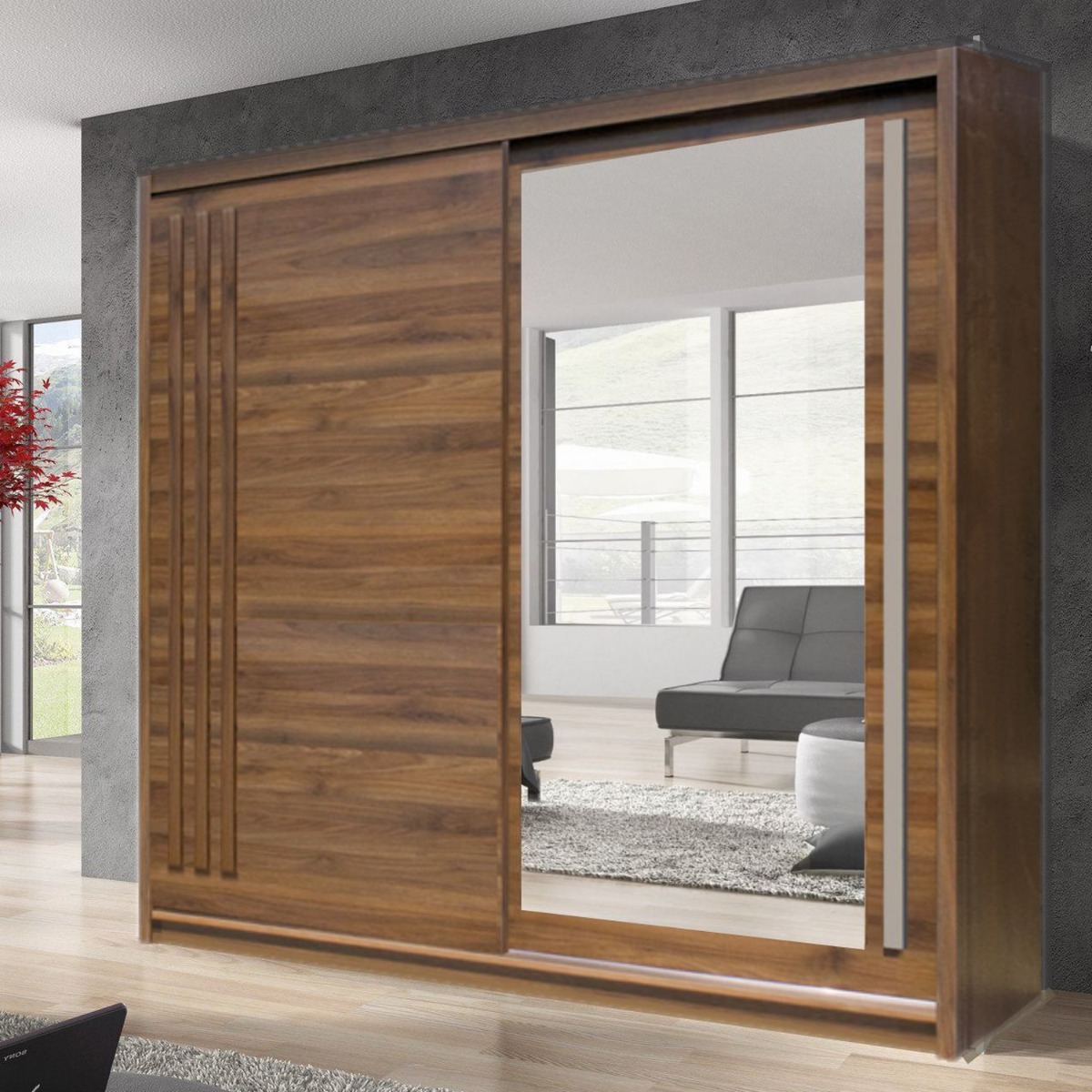 Sliding Wardrobe - ETHRA 2 Door Mirrored Wardrobe Walnut 200cm - Art Nest