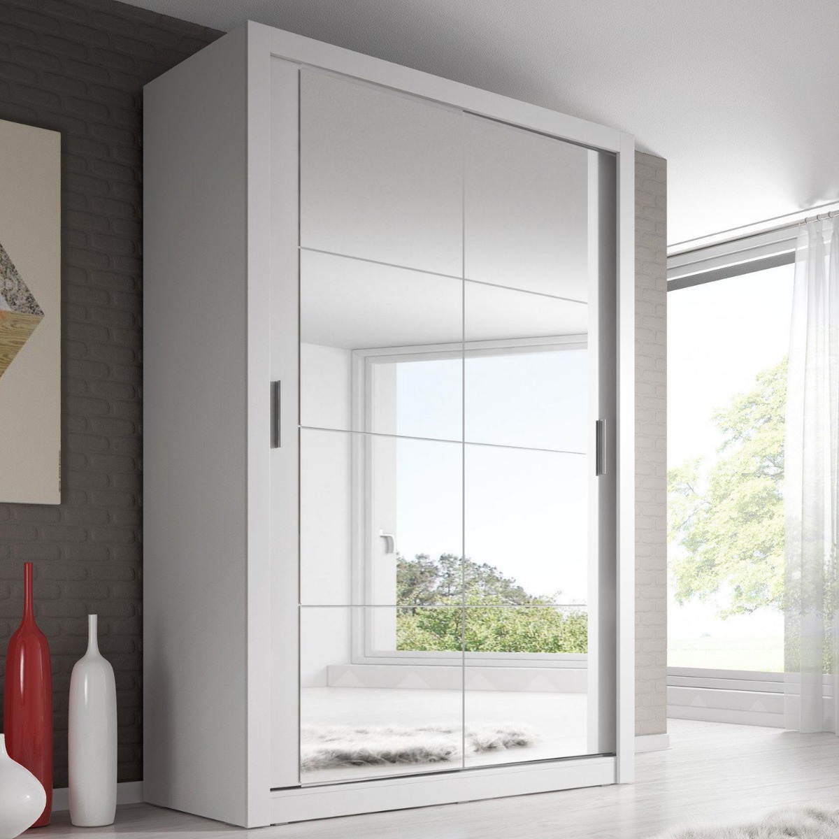 IRVINE II 2 Door Mirrored Sliding Wardrobe White Matt - 120cm - Art Nest