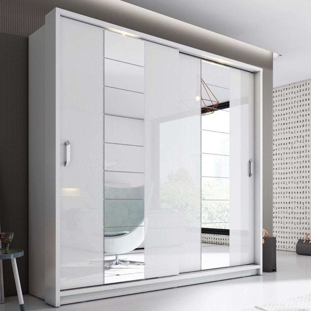 Sliding Wardrobe - IRVINE 2 Door Mirrored Wardrobe White Matt 220cm - Art Nest