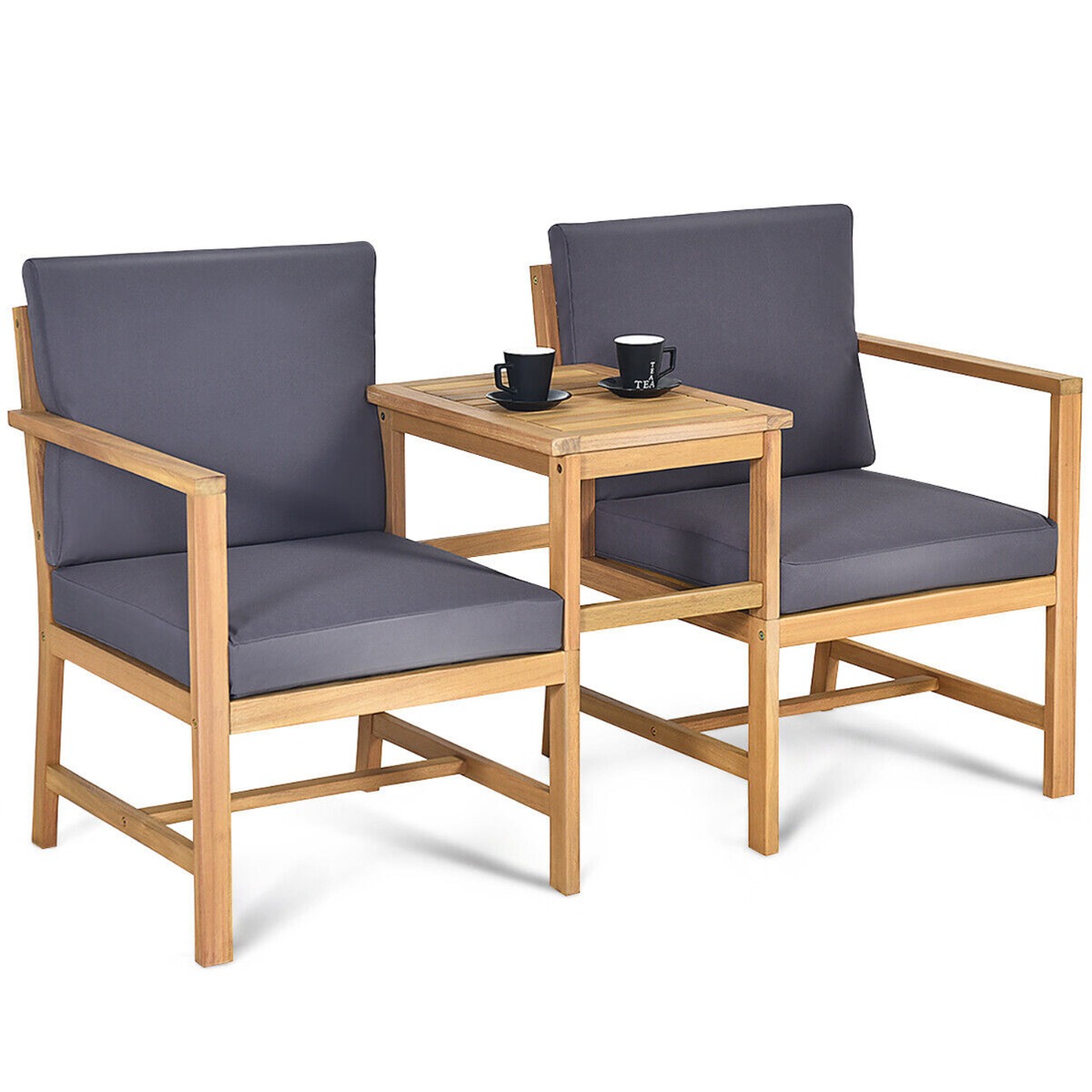 3 Pcs Wooden Companion Garden Table and Chair Set with Cushion - Brown - Bedroom & More