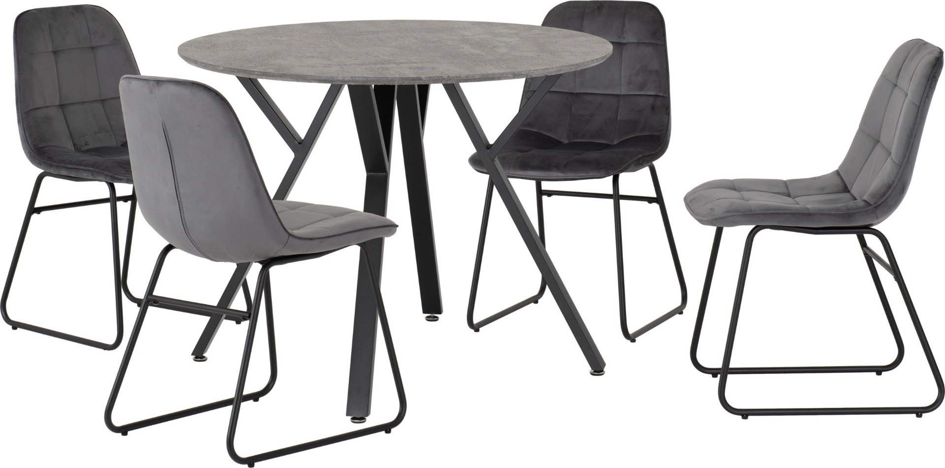 Athens Round Dining Set with Lukas Chairs - Concrete Effect Black Grey Velvet - Budget Deals